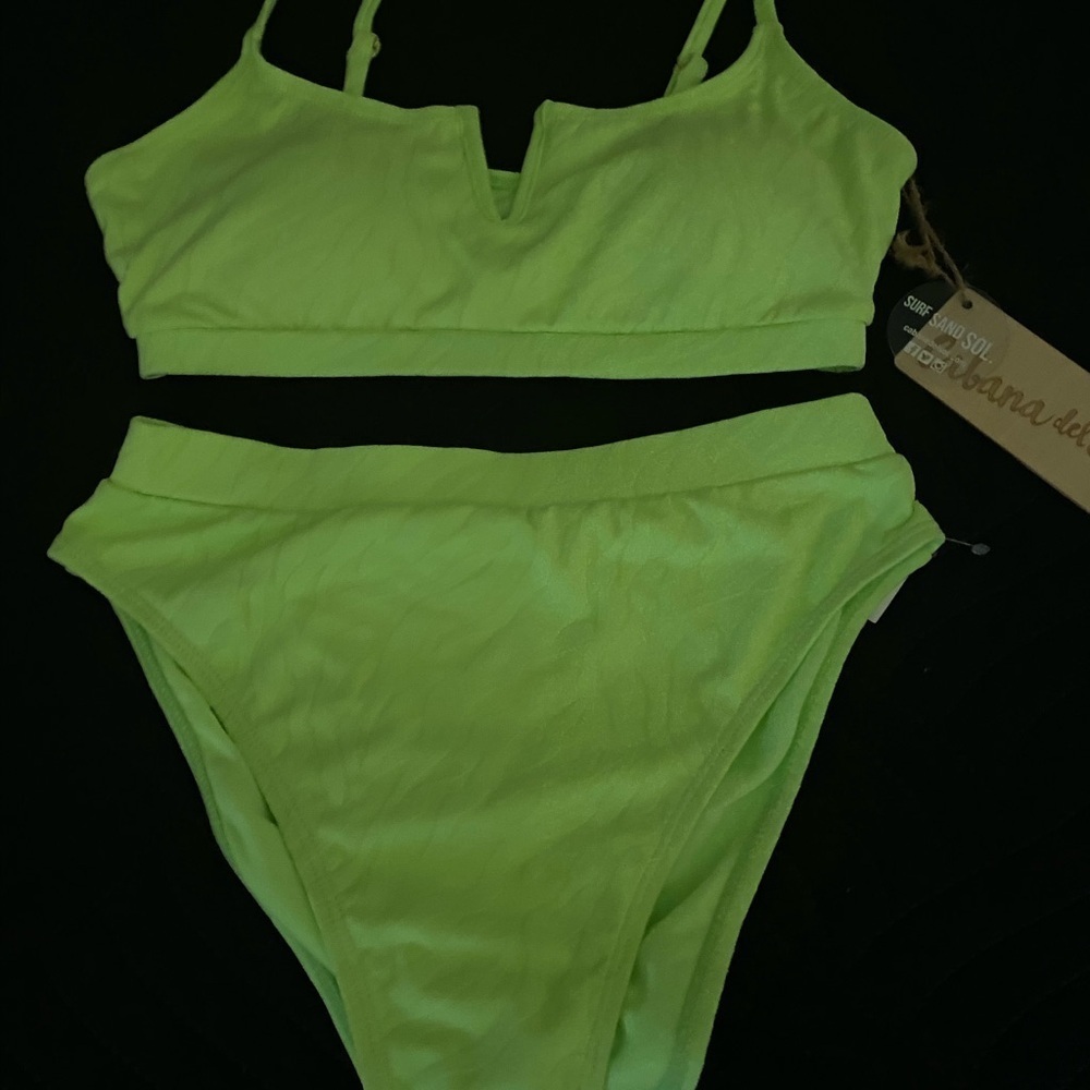 Cabana del Sol Y2K Retro High Rise Vibrant Lime Green Textured Bikini Set Small - Picture 4 of 10
